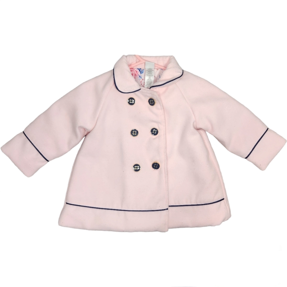 Little Me Light Pink Pea Coat With Navy Blue Outline & Buttons